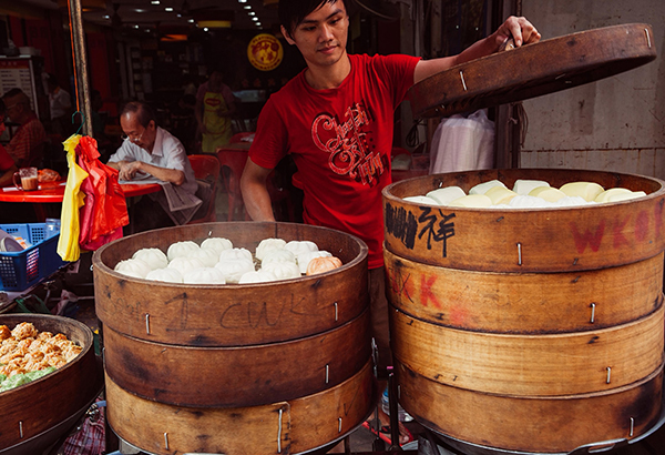 Traditional Chinese steamed buns are for sale at a street stall in Chinatown, Kuala Lumpur.