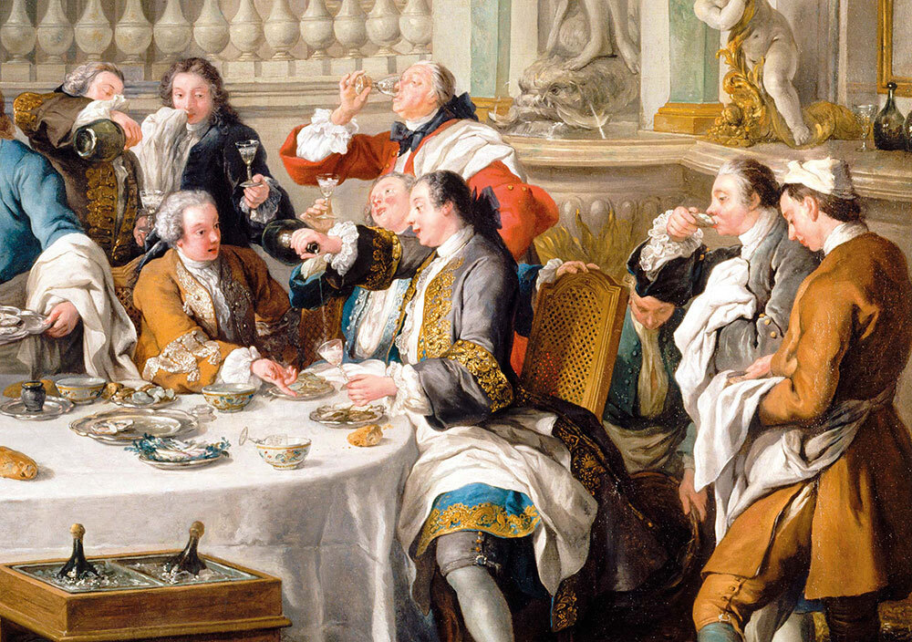 A painting of people drinking champagne