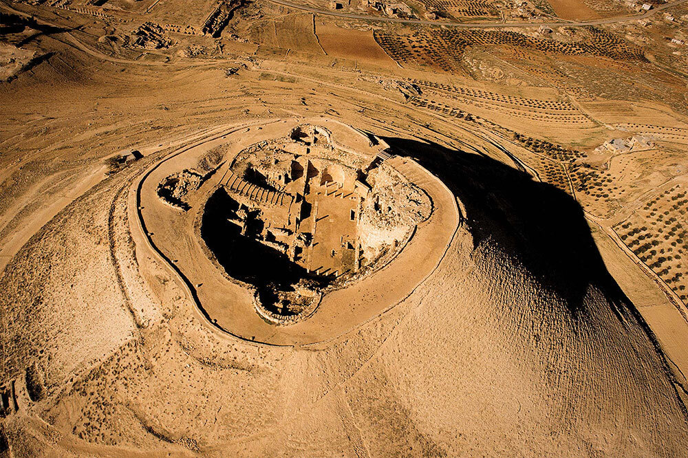 An aerial view of the hilltop palace-fortress of Herodium