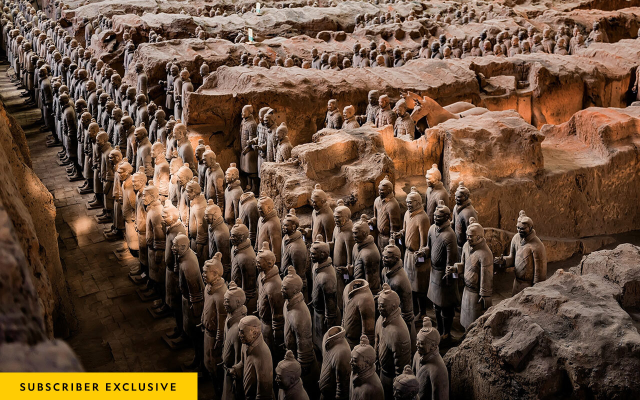 Thousands of life-size terra-cotta soldiers stand in Pit 1, the largest repository of figurines at the third-century B.C. funerary complex of Emperor Qin Shi Huangdi, near Xi’an, China. Discovered in the 1970s, the terra-cotta army was created 2,200 years ago to protect China’s fir...Read More