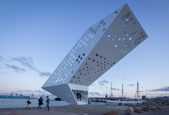 The Sailing Tower art installation offers visitors a 360-degree view of the city and the harbor.