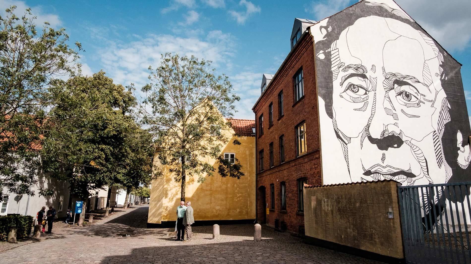 A mural of writer Hans Christian Andersen, by artist Don John, decorates a house on Bangs Boder Street in Odense, Denmark.