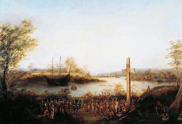 In 1534, Jacques Cartier began the first of three expeditions to explore the territory that would briefly be known as New France. Though his attempts at settlement failed, Cartier—depicted here erecting a cross in the village of Stadacona, where the city of Quebec now stands—was the first to accurately map the interior of the St. Lawrence River.