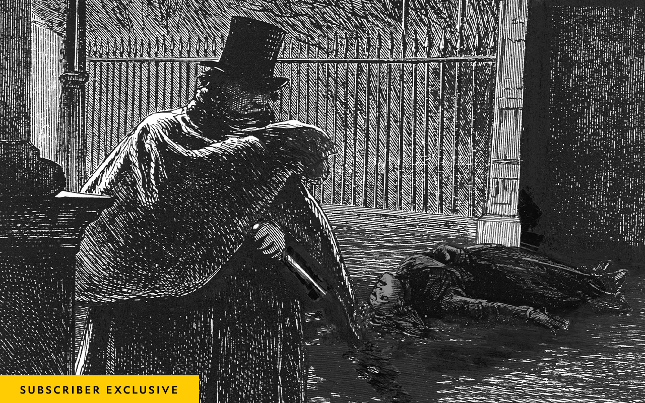 The identity of Jack the Ripper has inspired 140 years of speculation and numerous portraits of the shadowy killer, including this modern engraving from the Donald Rumbelow Collection.