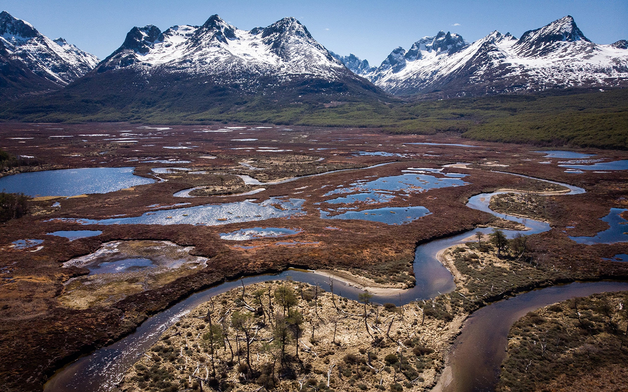 On the island of Tierra del Fuego, which encompasses the southernmost part of Chile and Argentina, the Carbajal Valley, seen here from above, holds one of the area’s largest peat bogs.