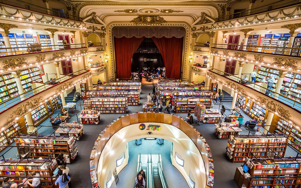 Find the historic bookshop Ateneo Grand Splendid tucked away in the Recoleta neighborhood of Buenos Aires, Argentina.