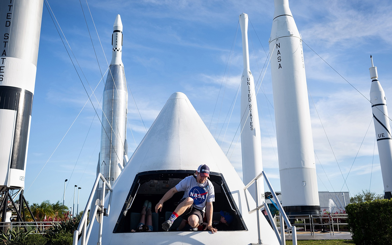 The Rocket Garden at Kennedy Space Center includes Saturn, Juno, and Mercury-Redstone rockets.