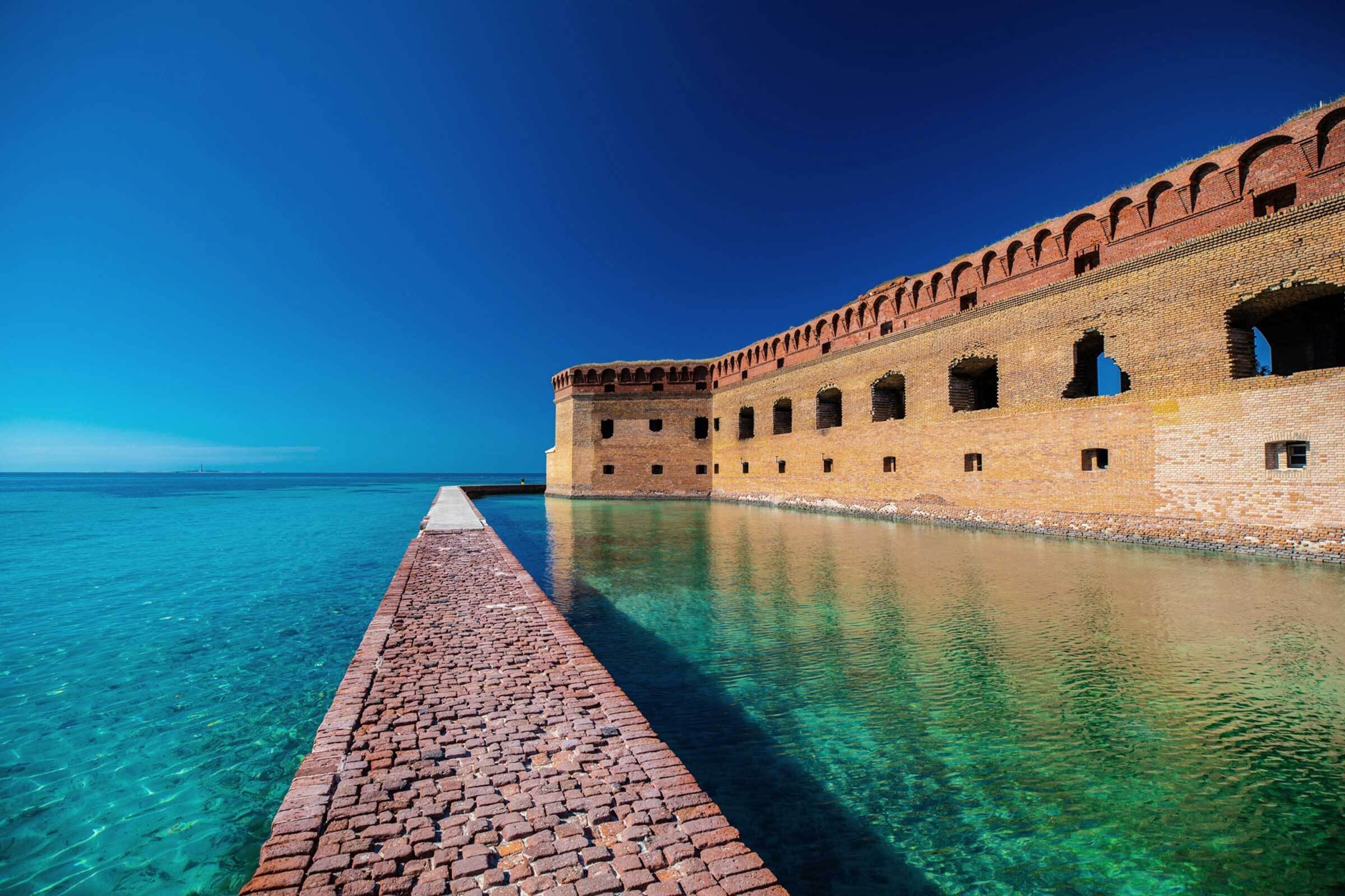 Dry Tortugas National Park, located 70 miles west of Key West, houses the 19th-century Fort Jefferson.