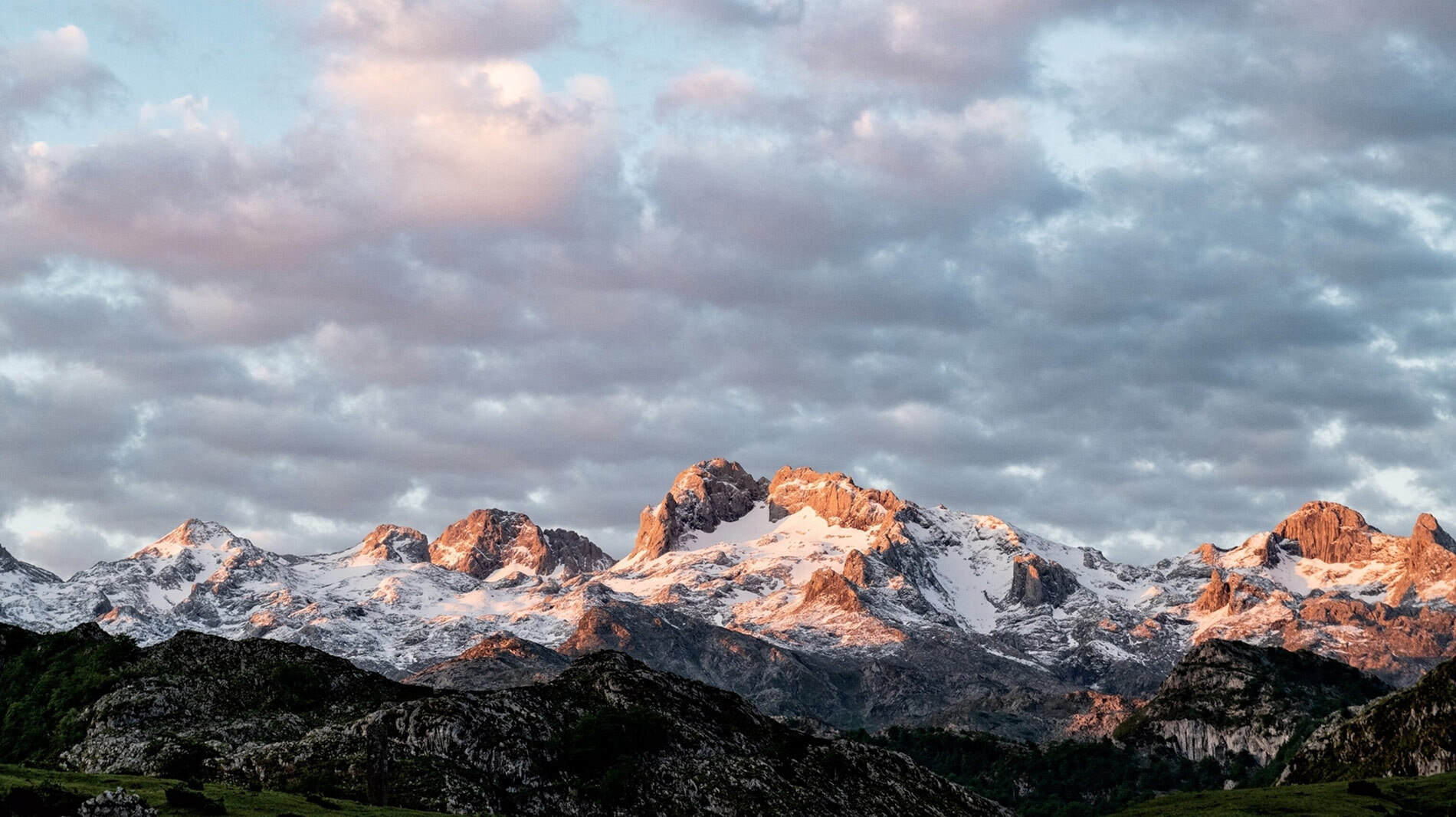 Sunrise warms the Picos de Europa, part of the Cordillera Cantabrica range that secludes Asturias from the rest of Spain.