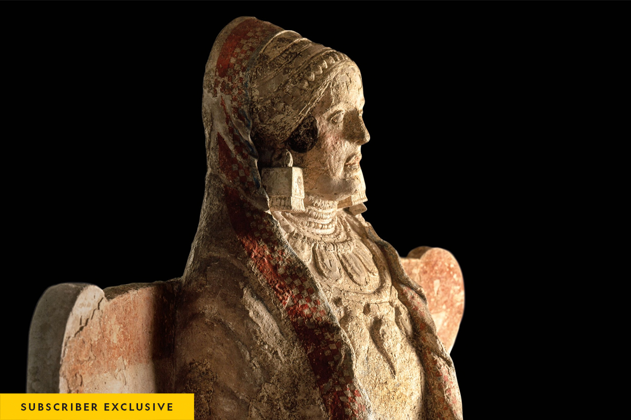 Seated on a winged throne, the colorful Lady of Baza was found in an Iberian necropolis in Baza, Spain. The piece was created in the early fourth century B.C.