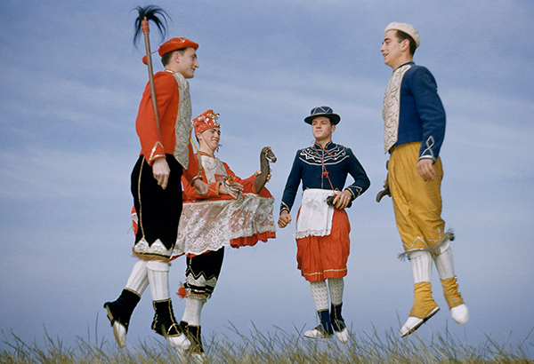 Traditional Basque dancers leap in a National Geographic photograph from the 1950s.