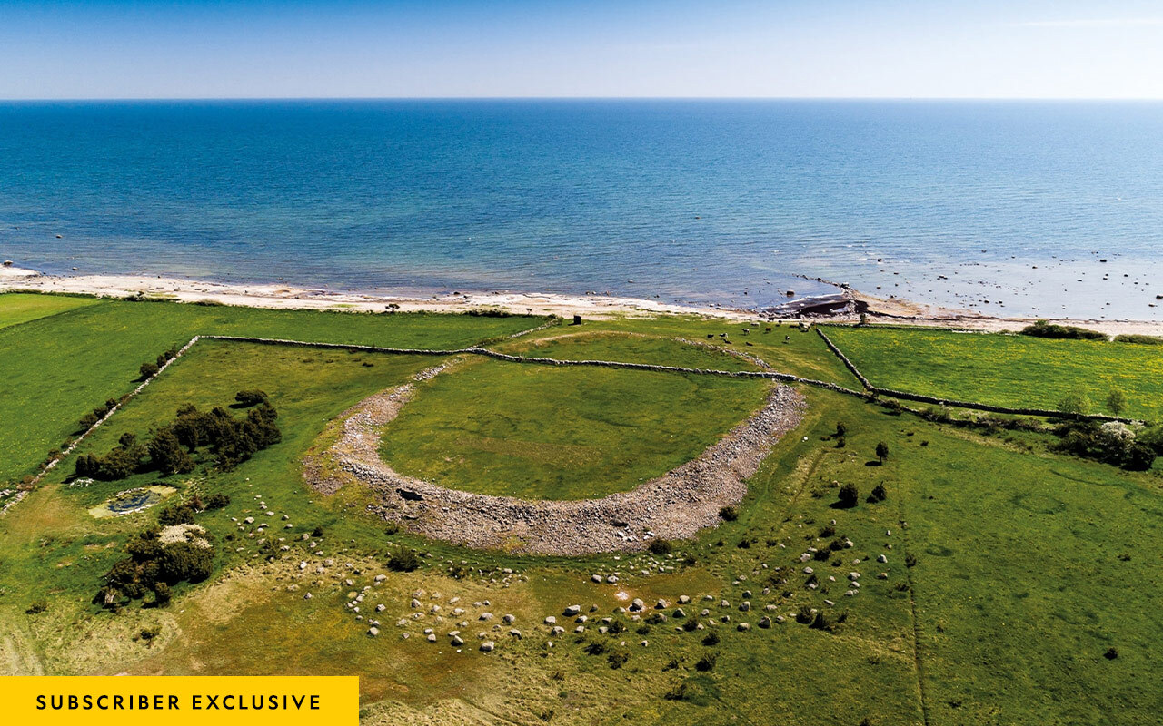 Sandby Borg lies on the east coast of the Swedish island of Öland in the Baltic Sea. Constructed around a.d. 400, its oval retaining wall was once more than 16 feet high. The stone wall that crosses it was built much later.