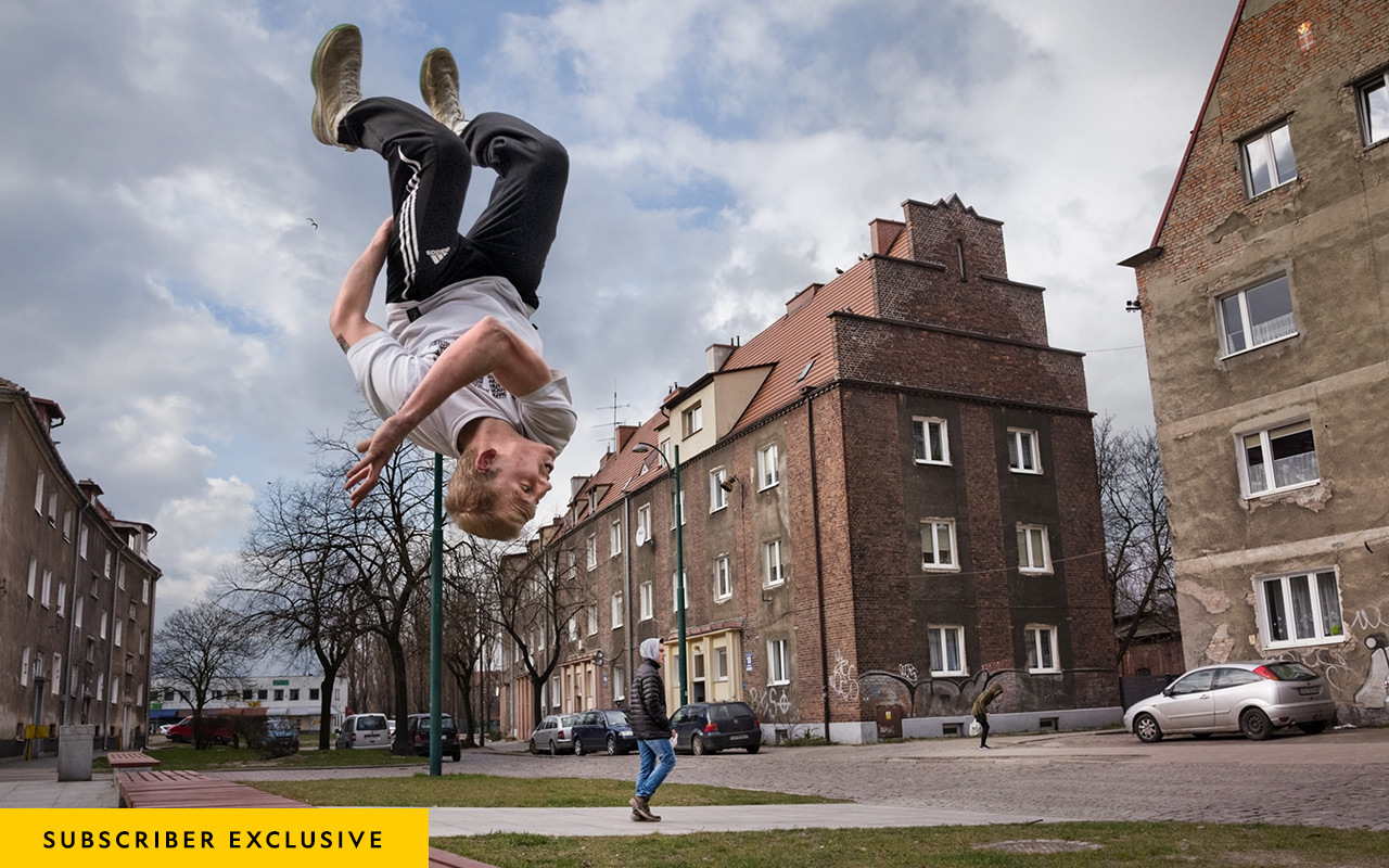 Dominik Lubecki practices flipping over a bench in Nowy Port, a working-class district where dockhands in 1946 launched one of the first communist-era strikes demanding better working conditions. When he’s not skateboarding or composing hip-hop, “Lulek” works as a volunteer with Gdańsk’s youth.