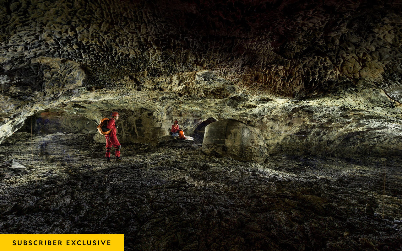 A choose-your-own-adventure section of Kipuka Kanohina splits into three tunnels, which will narrow as cavers go deeper. Navigating lava rock can be perilous. “The texture,” says one caver, “is like Velcro,” capable of tearing clothing and cutting skin. There are also dangers overhead: Chunks of sharp lava can break off and fall from the ceiling.