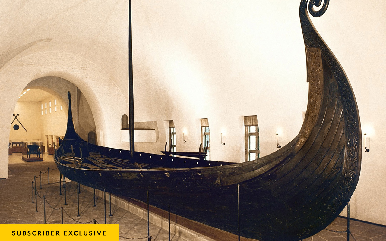 The Oseberg ship is on display in the Viking Ship Museum in Oslo. Built of oak around A.D. 820, the craft is especially noteworthy for its spiral-shaped prow, carved in the form of a serpent’s head. There are no signs that the vessel ever went to sea, so it is believed that its sole use was funereal.