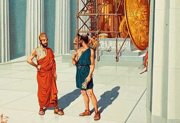 Pericles (left) and Pheidias consult about creation of statue of Athena in this painting.