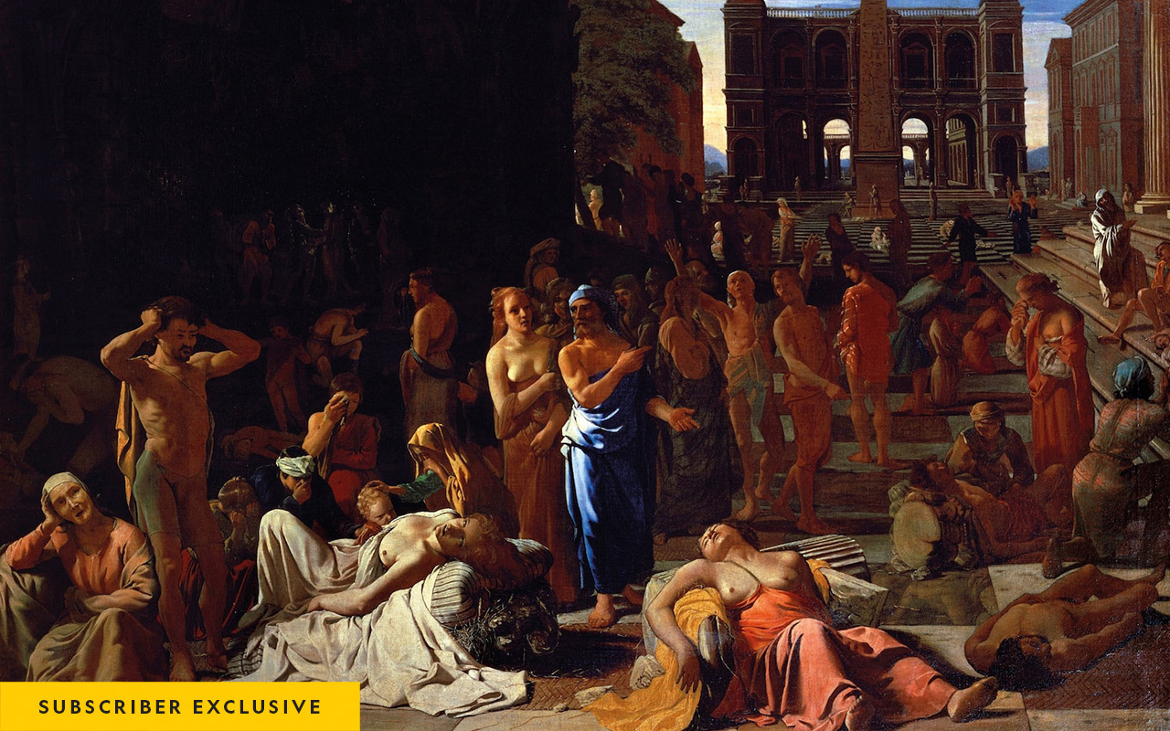 This oil painting (ca 1652) by Michael Sweerts is called “Plague in an Ancient City,” and some scholars interpret it as a depiction of the Athenian plague that broke out in 430 B.C. Others, however, think it is a more general representation.