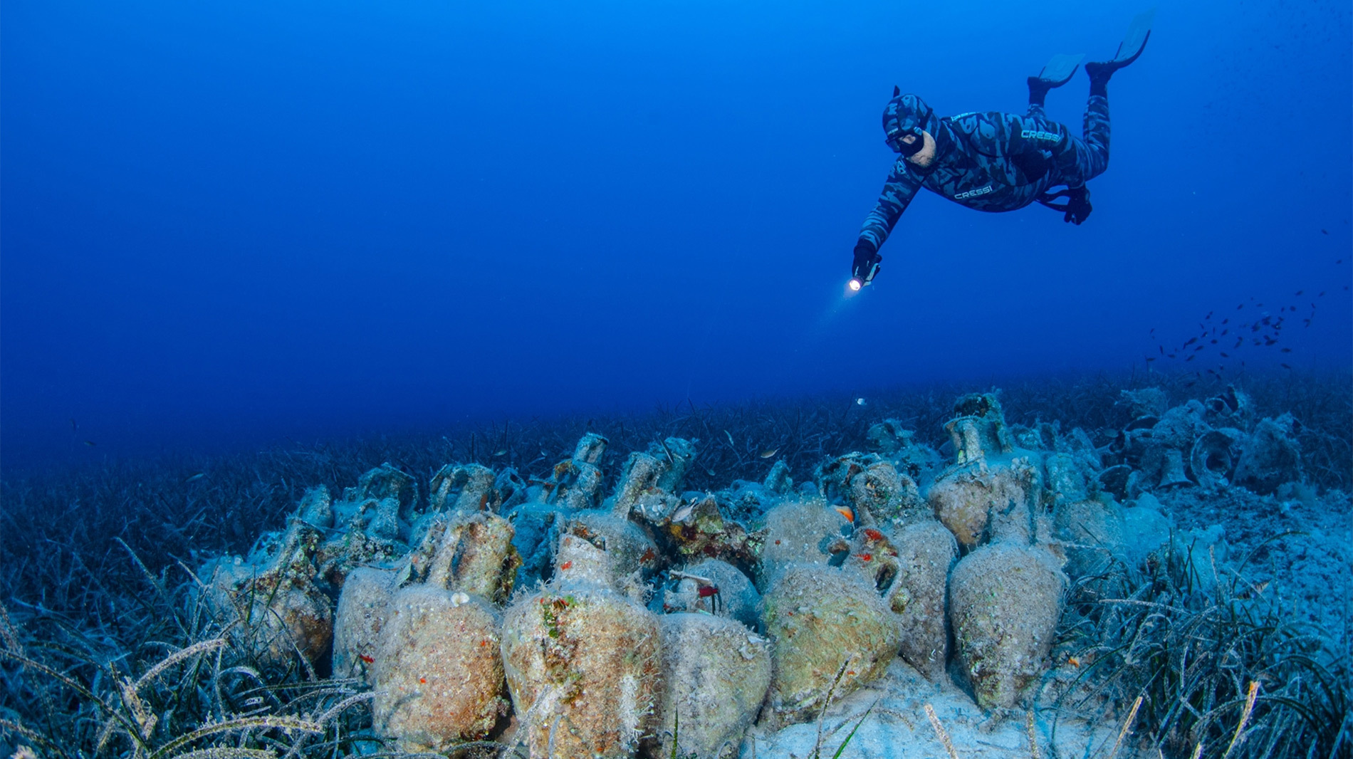 At Greece’s new underwater museum, scheduled to open officially in June 2021, divers will be able to explore an ancient shipwreck and its bounty of wine jars in the Aegean Sea.