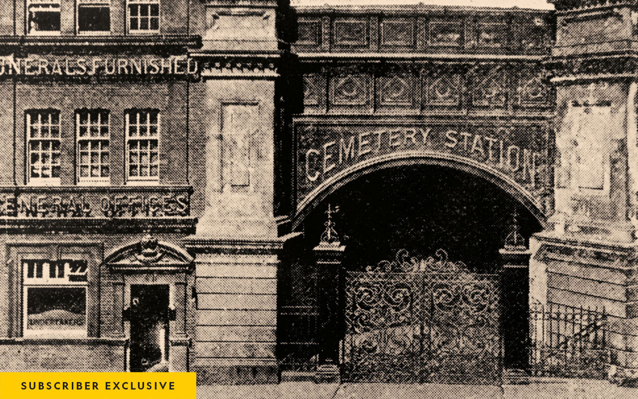 The entrance to the necropolis railway at Waterloo Station in London, photographed in the 1890s, which began operating in 1854.