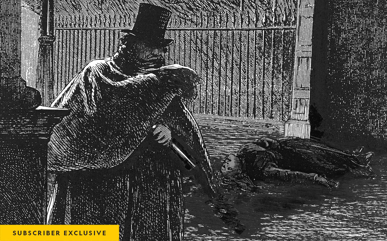 The identity of Jack the Ripper has inspired 140 years of speculation and numerous portraits of the shadowy killer, including this modern engraving from the Donald Rumbelow Collection.