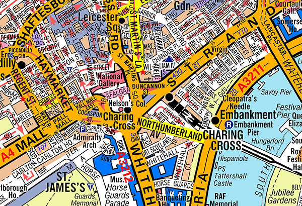 Charing Cross, the famous intersection at the center of London, is left of center in this detail from the A-Z atlas.