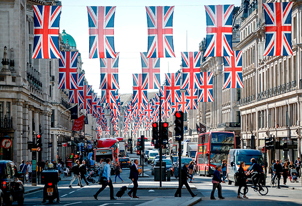 Union Jack flags decorate London's Regent Street ahead of the wedding of Prince Harry to American actress Meghan Markle in May 2018.