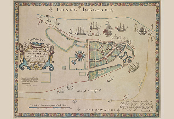 In 1664, the British captured New Amsterdam. An unknown draftsman prepared this pictorial map of the new New York. The wall visible on the north side of the settlement is where Wall Street is today.