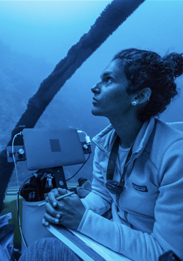 Marine biologist Diva Amon looks out at the ocean from an underwater vehicle
