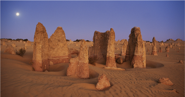 A desert landscape at dusk