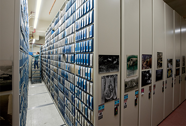 Kendall Crumpler, Digital Imaging Specialist, with archival film and art are preserved in a climate-controlled room at National Geographic headquarters in Washington, D.C.