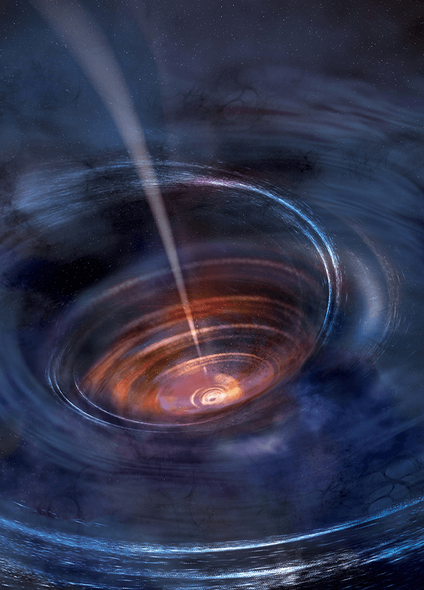 In this artist's rendering, a thick accretion disk has formed around a supermassive black hole following the tidal disruption of a star that wandered too close.