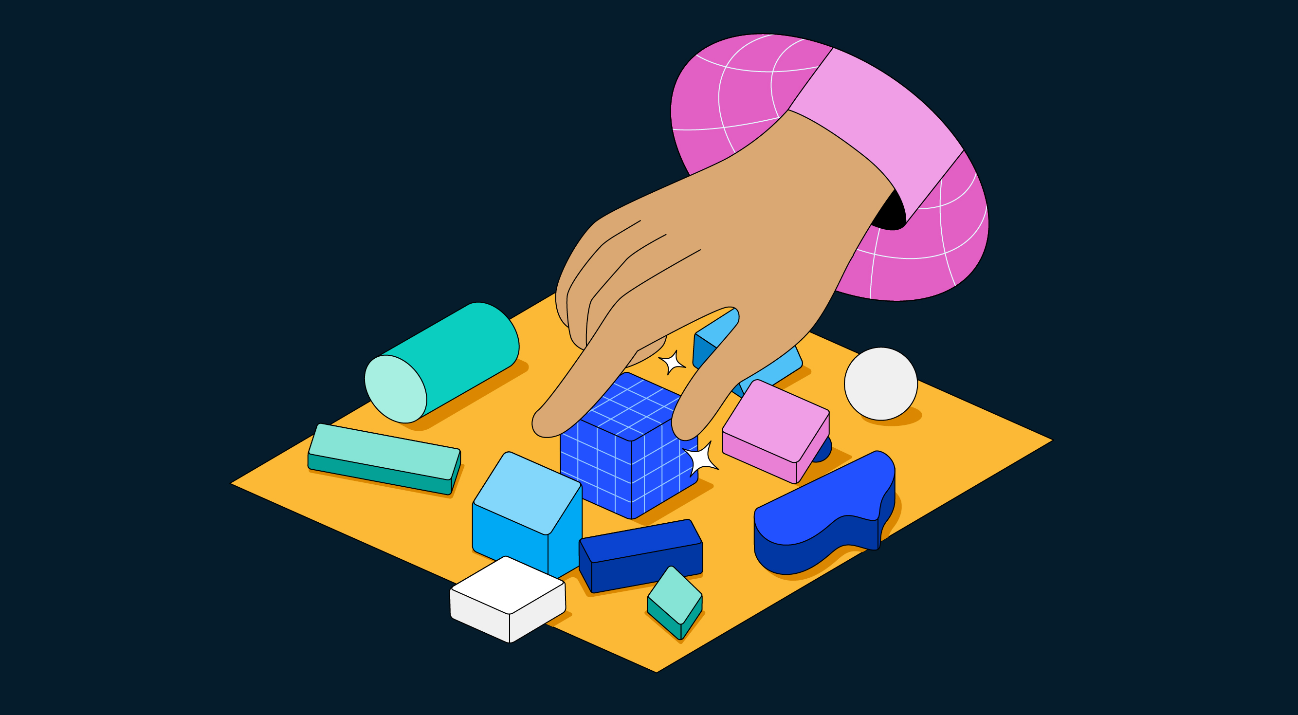 An illustration of a hand reaching out among objects of various shapes and colors. 