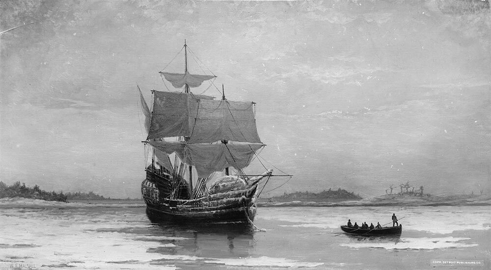 A black and white painting of the Mayflower