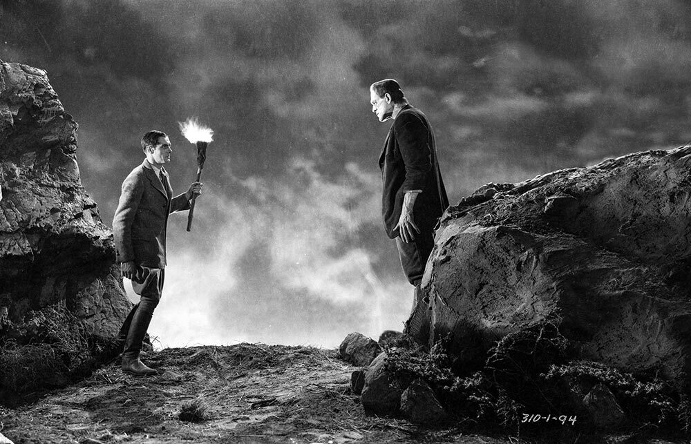 The monster, played by Boris Karloff (right) has a tense encounter with his inventor in the 1931 movie Frankenstein, based on Mary Shelley’s novel.