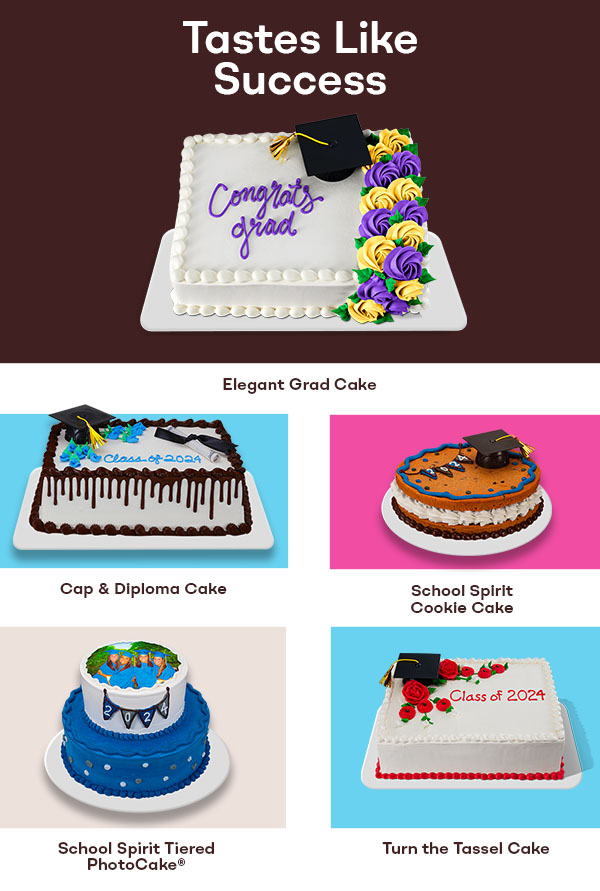 "Tastes Like Success" with Elegant Grad Cake, Cap & Diploma Cake, School Spirit Cookie Cake, Graduation Stripe PhotoCake® and Turn the Tassel Cake.​