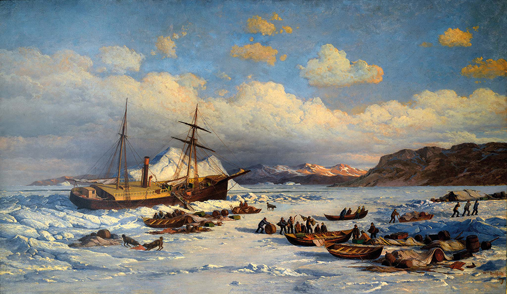 The Polaris became trapped in the ice during the return of the polar expedition, shown here in William Bradford's 1875 oil painting.