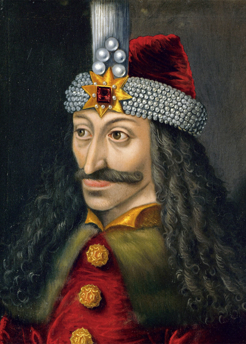 This well-known portrait of Vlad III—wearing a princely cap adorned with pearls and precious stones—is a copy of one painted during his lifetime (1431-1476) now displayed in Ambras Castle in Innsbruck, Austria. 