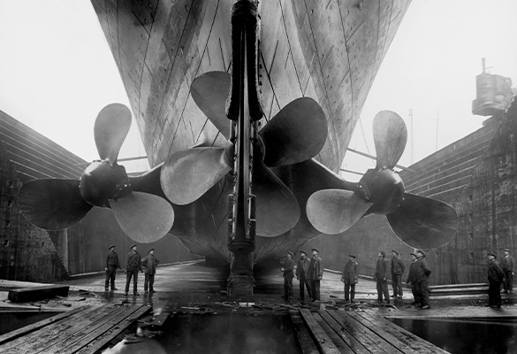 In this 1911 photo, the R.M.S Titanic was showcased at the Harland and Wolff shipyards in Belfast before its tragic maiden voyage in 1912.