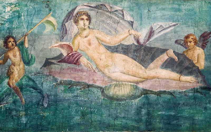 Aphrodite, Greek goddess of love, became Venus in the Roman pantheon. This mural, “The Birth of Venus,” painted before A.D. 79 and found at the House of Venus in the Shell in Pompeii, depicts the goddess being born from a seashell. 