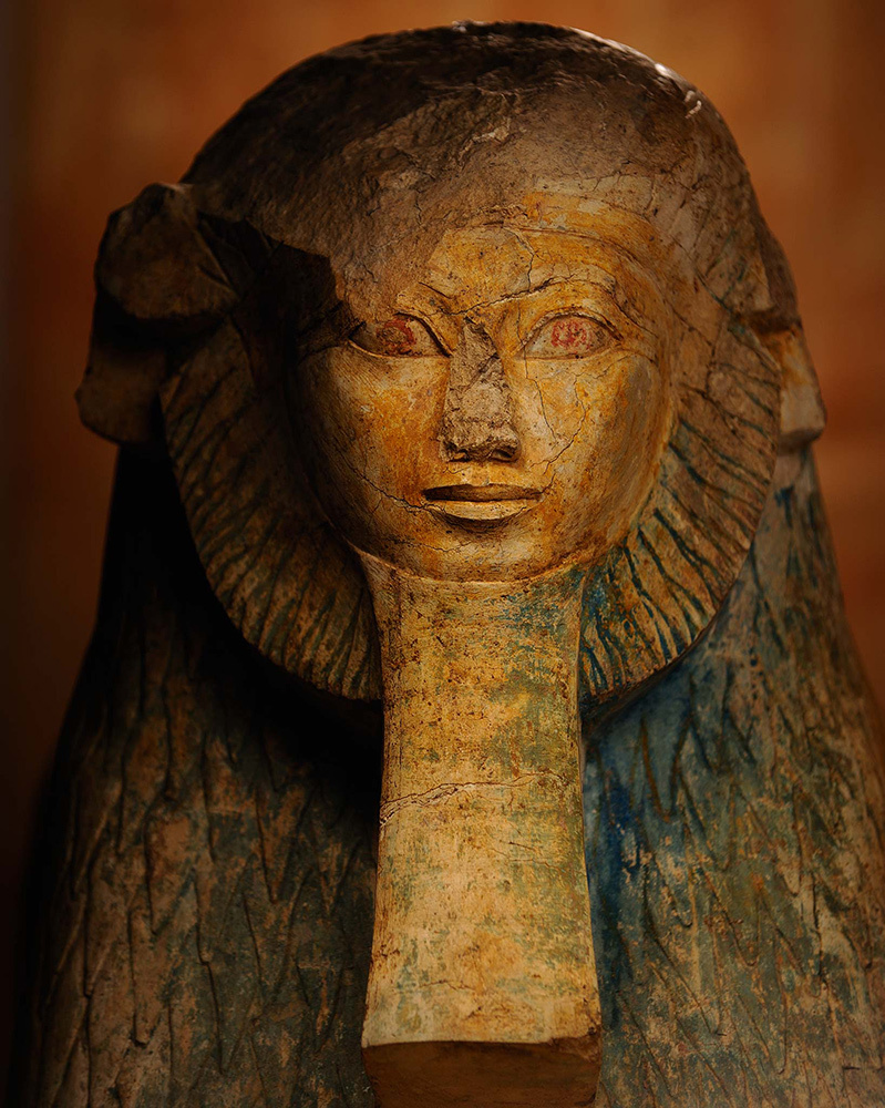 A bust of Hatshepsut shows her as a lion-headed sphinx with a false beard