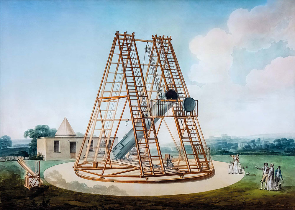 A painting of a large telescope with people in Victorian dress standing around it