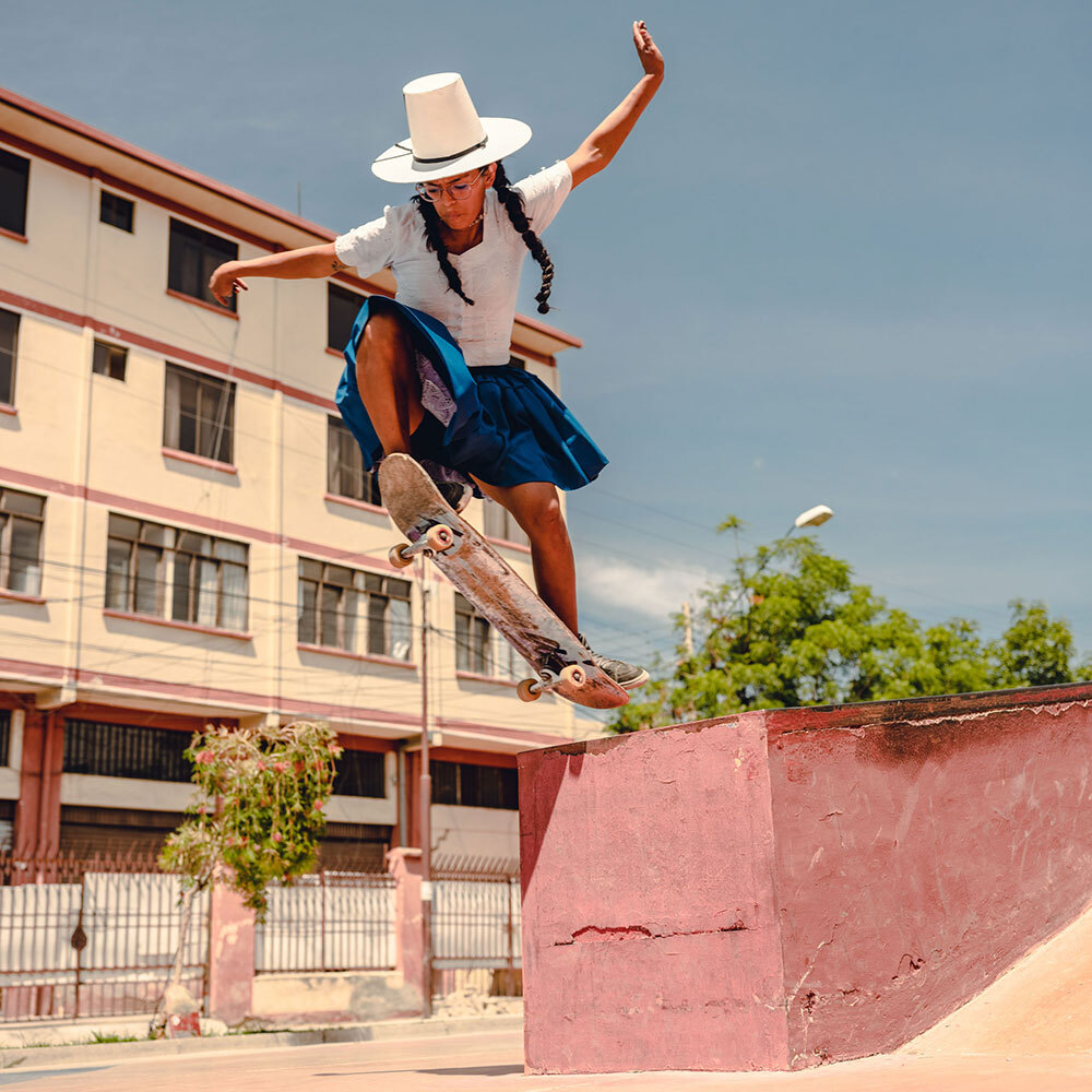 Deysi Tacuri Lopéz, 28, wants to help popularize skateboarding and create more opportunities for young Bolivians to learn about their roots and celebrate their ancestry. “The polleras are very valuable to me,” she says. “I wear them with pride.”