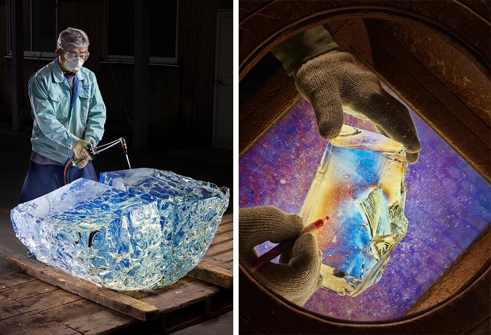 Left: A worker cuts a highly pure glass called E6 into blocks. Produced using a century-old process, the glass will eventually be shipped to scientists at the University of Arizona in Tucson and used to craft the Giant Magellan Telescope. Right: Blocks of E6 are inspected for imperfections with a polarizing lens.