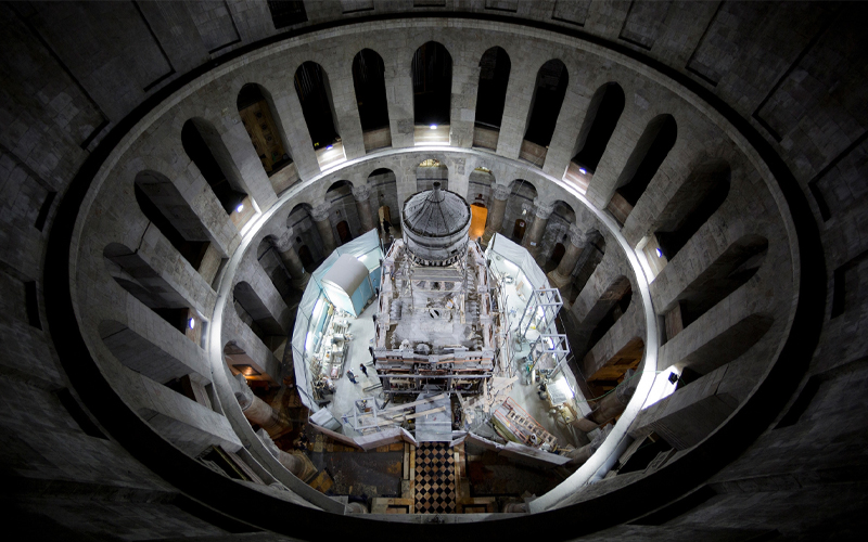 The shrine that houses the traditional burial place of Jesus Christ is undergoing restoration inside the Church of the Holy Sepulchre in Jerusalem. 