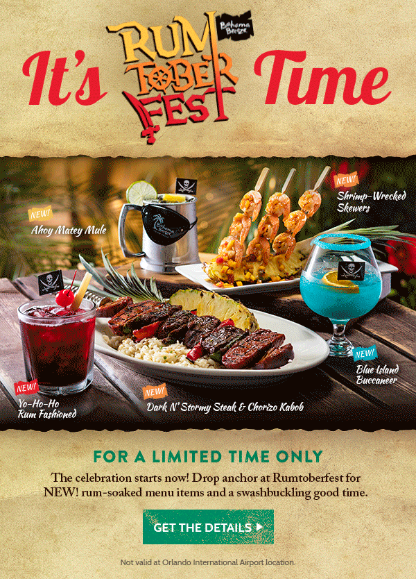 Come celebrate Rumtoberfest at Bahama Breeze with our new rum soaked menu items!