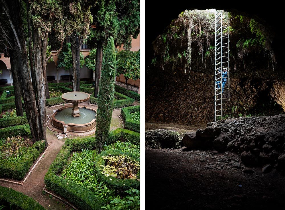 A diptych of a courtyard and a dungeon in a mountaintop fortress in southern Spain