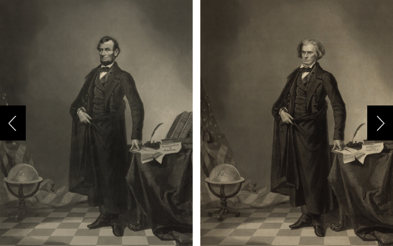 In one of the earliest examples of photo manipulation, the head of Abraham Lincoln is superimposed on the figure and background of an earlier print of John C. Calhoun. For almost a century, no one noticed the image was modified 

LEFT: Composite Print by William Pate; RIGHT, Print by Alexander Hay Ritchie 