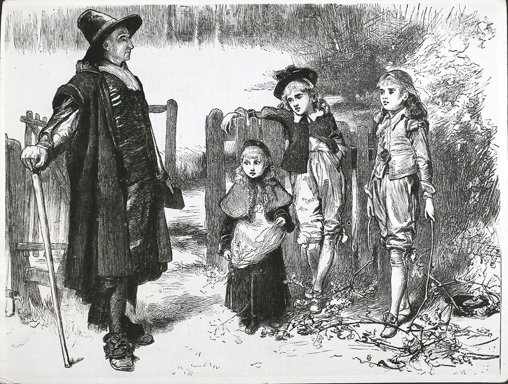 A Puritan rebuking children for picking holly—one of many Christmas customs that Puritans targeted in their quest to purify the Church of England.