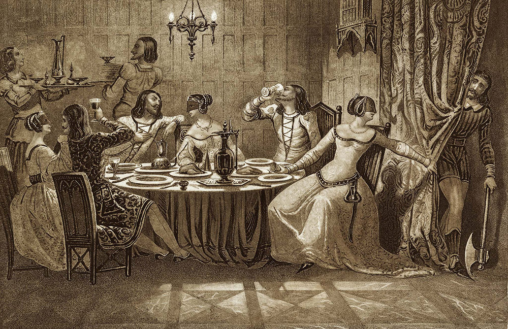 A lithograph imagines the masked escapades of the Burgundy princesses, including Margaret at right, in the Nesle Tower