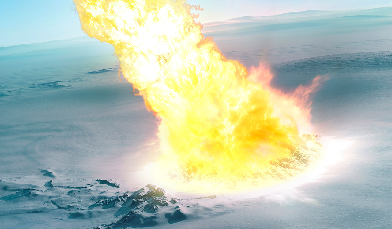 An artist's depiction of a "touchdown" meteor impact over Antarctica.